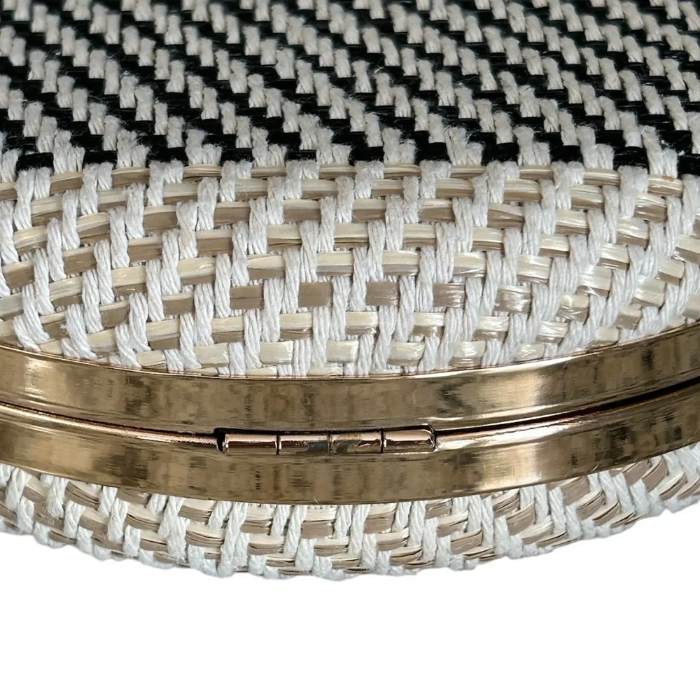 Savanna Cream Black Round Woven Crossbody Satchel Gold Chain Boho Bag Purse - Picture 10 of 13